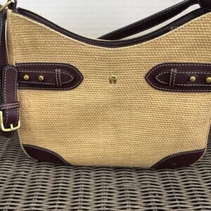 Vintage Etienne Aigner Woven Handbag Jute ManMade Trim Brown Tan 10”x3”x9”